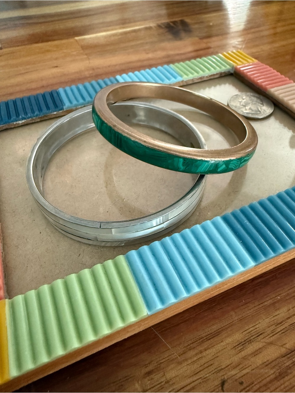 Green Marble Inlay Bangle with Silver Tone Stackable Bracelet